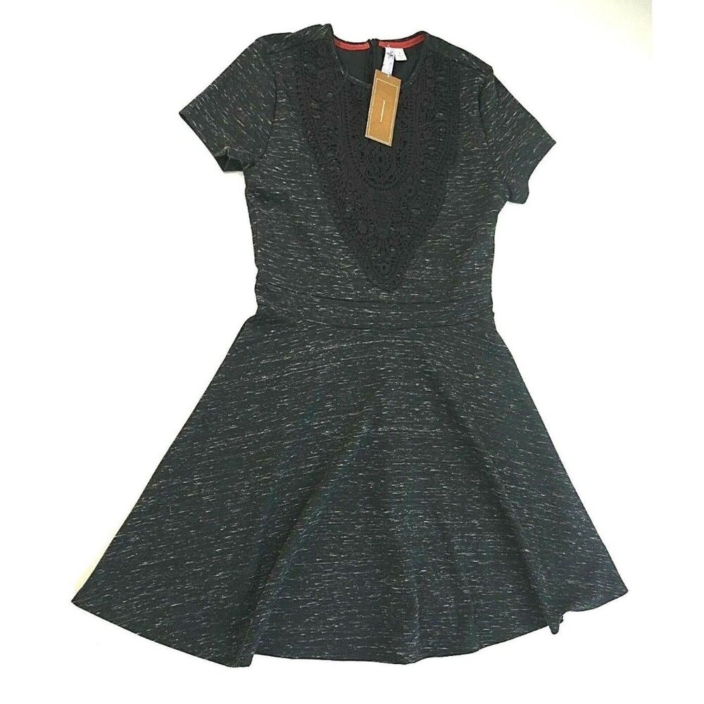 Francesca's  Black Heathered Fit n Flare  Dress Lace Neckline Womens Small New
